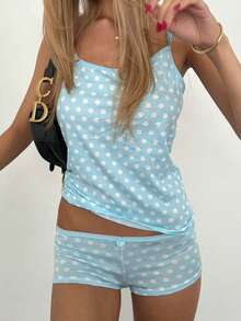 Women Summer Y2k Polka Dots 2 Piece PJs Short Set Spaghetti Strap Sleeveless Cami Crop Top Elastic Waist Low Rise Boycon Shorts Casual Loungewear Streetwear Sets - 藍色 - 查看 4