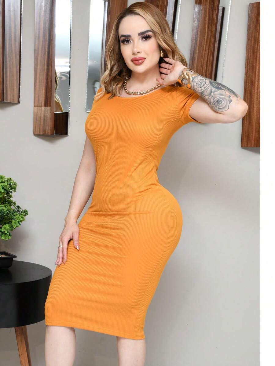 vestido largo mujer manga corta largo pegado al cuerpo para toda la ocasion tipo lapiz - Mostaza Amarilla - Ver 1