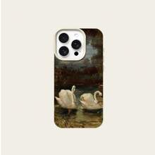 1pc Vintage Oil Painting Landscape With Elegant Swan Design TPU Phone Case Compatible With IPhone/ - White - View 5