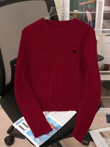 韩版优雅纹理圆领女式长袖刺绣套头毛衣