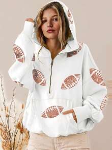 Womens Game Day Sweatshirts Football Sequin Hoodies Tailgate Outfits Long Sleeve Zipper Sweaters With Pocket - 白色 - 查看 1