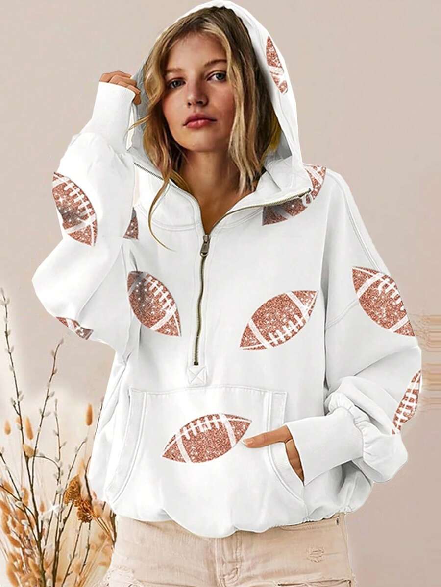 Womens Game Day Sweatshirts Football Sequin Hoodies Tailgate Outfits Long Sleeve Zipper Sweaters With Pocket - 白色 - 查看 1