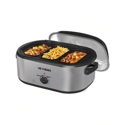 SUNVIVI Horno asador de 24 cuartos de galón, bandeja eléctrica para asar con 3 compartimentos y tapa autoadhesiva, horno asador de pavo eléctrico grande de acero inoxidable con función de descongelación y calentamiento, rejilla extraíble para bandeja, apto para pavos de hasta 13 kg