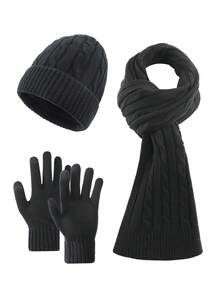 3 件套男士简约纯色条纹针织帽、围巾、露指手套套装，柔软保暖内衬，保暖防风，适合秋冬户外、运动、休闲蓬松 - 彩色 - 查看 2