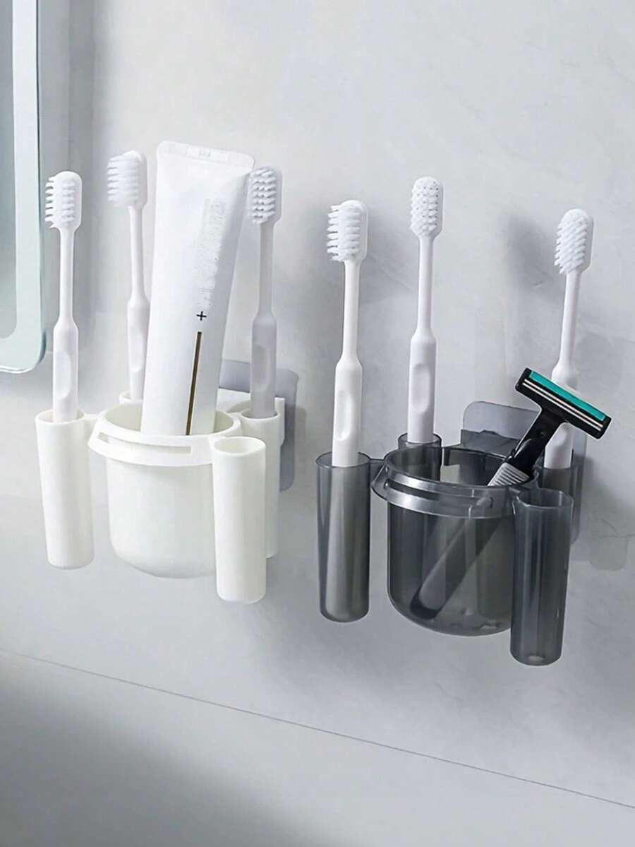 1pc Wall-Mounted Toothbrush Holder, Durable Plastic Bathroom Storage Box With Multiple Compartments For Toothbrush, Toothpaste And Necessities, Space Saving Design, Bathroom Storage Box With Drainage Function(Random Color)