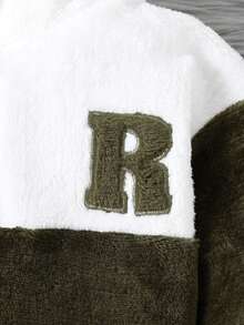 2 件套男童长袖高领字母刺绣夹克和撞色羊毛裤套装，秋冬