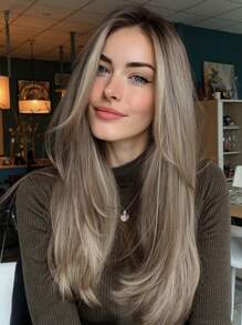 26 Inch Long Straight Hairline U-Part Lace Front Synthetic Wig For Women Brown Mixed White Natural Middle Part Wig Blonde Highlight Wigs - Brown Highlight - View 11