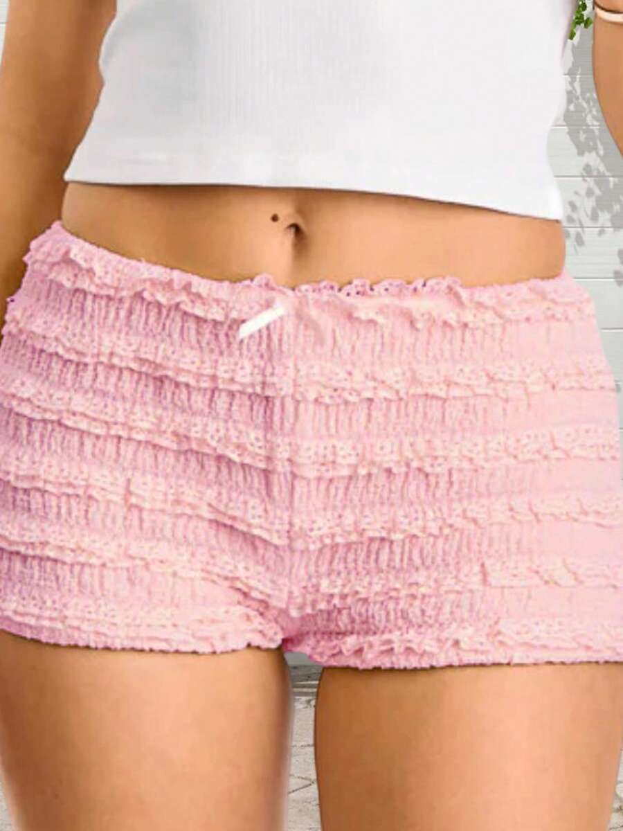 Women's Summer Bodycon Shorts Solid Color Low Waist Ruffled Mini Bow Front Short Pants - Hồng - Xem 1