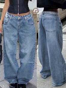 Women's High Waist Casual Y2k Streetwear Baggy Distressed Vintage Washed Wide Leg Jeans - Rửa trung bình - Xem 1