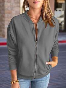 Fisoew Womens Casual Long Sleeve Zip-Up Sweatshirt Jacket – Loose Outwear With Pockets Christmas Gift & New Year Gift - 深灰色 - 查看 2