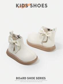 1双蝴蝶结装饰儿童鞋，采用皮革材质，圆头，短靴款式，侧拉链，无明显鞋跟，可爱甜美儿童休闲鞋，适合日常外出和聚会 - 白色 - 查看 1