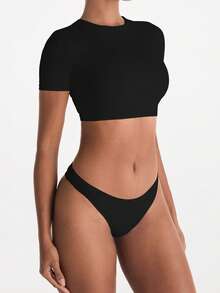 XLLAIS 2025 Women's Fitted Short Sleeve Crew Neck Sports T-Shirt, Cooling & Warm Layering, Cute Summer Top Casual Black - Black - View 2