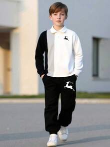 2 件套男童拼色鹿印花长袖 Polo 衫和休闲舒适长裤套装，适合春秋季节 - 黑與白 - 查看 1