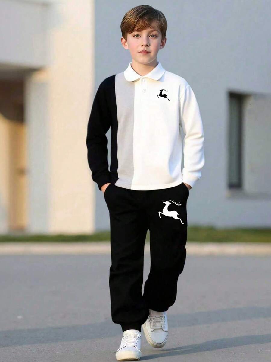 2 件套男童拼色鹿印花长袖 Polo 衫和休闲舒适长裤套装,适合春秋季节 - 黑與白 - 查看 1