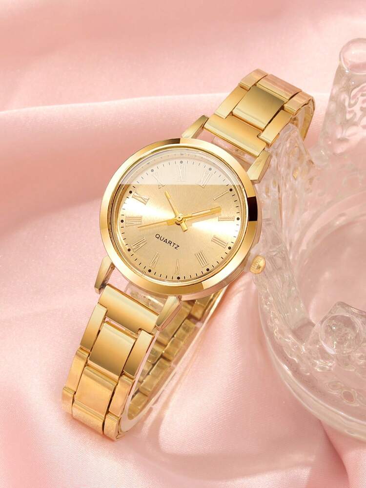 5件套女士时尚简约手表套装，多功能镀金合金镶钻石英表，搭配项链、戒指、耳环等配饰，适合派对、婚礼和日常佩戴，是送给女性的最佳礼物。 - 金色 - 查看 10