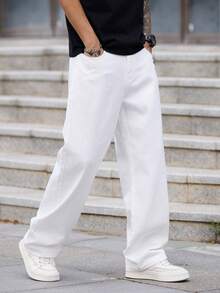 1件 Justice Brother 休闲宽松直筒牛仔裤，简约港式男士时尚舒适长裤，四季皆宜 - 白色 - 查看 6