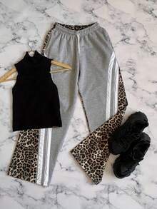 Calça Esportiva Casual e Fashionista para Mulheres, Estampa de Leopardo e Listras em Cores Sólidas para Outono e Inverno, Modelo Solto com Cadarço