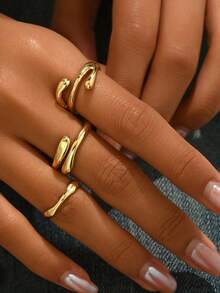 10pcs/Set Geometric Curve Rings, Hinged Rings, Exaggerated Open Rings, Unique Jewelry Design, Suitable For Women's Daily Wear - 10 Rings - View 14