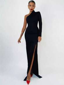 Đầm maxi dài tay màu đen lệch vai thanh lịch dành cho nữ, xẻ tà bên hông, ôm sát cơ thể, thích hợp đi dự tiệc cưới, dạ hội, cocktail. - màu đen - Xem 9
