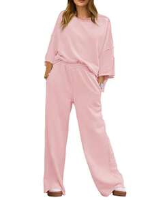 Fisoew Women Two Piece Lounge Set Casual 34 Sleeve Tunic Top And Wide Leg Pants Cozy Fall Outfits Y2K Matching Sets Soft Travel Loungewear Breathable Jogger Suit - 粉紅色 - 查看 3