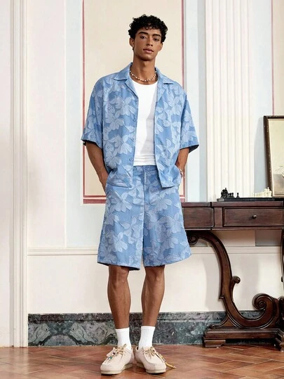 男士牛仔效果镂空宽松短袖衬衫和短裤套装，街头风格