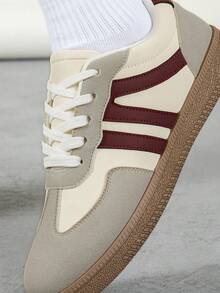 Women's Versatile Preppy Style Sneakers, Flat Non-Slip Lace-Up Round Toe Rubber Sole Casual Shoes, Available In Burgundy, Black, Khaki Color-Block, Suitable For Daily Wear, Casual Shoes, Size 36-41, Fashion - Burgundy - View 6