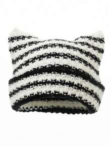 1 件儿童针织帽，手工制作的魔鬼角风格无檐小帽，可爱猫耳撞色保暖帽，适合女孩 - 黑與白 - 查看 2