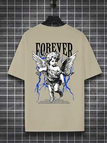 Áo thun ngắn tay cổ tròn in hình thiên thần hộ mệnh dành cho thiếu niên, kiểu dáng thường ngày, đa năng. - Màu Khaki - Xem 7