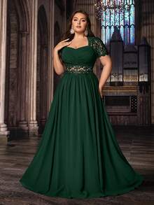 QOQ Elegancka suknia wieczorowa w dużych rozmiarach, elegancka, na przyjęcie urodzinowe, kolację, wesele, z koronką i bufiastymi rękawami, z szyfonu, na Walentynki - Ciemnozielony - Zobacz 5