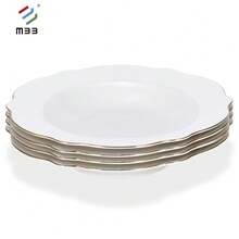 Białe zestawy obiadowe ze złotym rantem - nowoczesny styl, nowy zestaw obiadowy z porcelany kostnej, piękne krawędzie w kształcie muszli i luksusowe złote wykończenia - odporny na zarysowania, zestawy talerzy i misek do zmywarki ceramicznej, zestaw naczyń, zestaw misek i talerzy, zestaw obiadowy do kuchni, ceramiczne naczynia do mikrofalówki i zmywarki, biały,