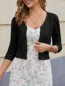 Women's Bolero Shrug 3/4 Sleeve Cropped Cardigan Knit Sweaters Open Front Spring And Summer Casual Elegant Jacket For Dresses - 黑色 - 查看 6