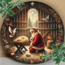 1 Aluminum Sign - Santa Claus Kneeling In Manger Scene, 8x8inch Round Metal Wall Decoration, Suitable Home, Bars, Cafes, Farmhouses -, Thanksgiving, Halloween Decoration And Holiday