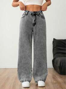 Light Grey Washed Wide Leg Jeans - Grey - View 2