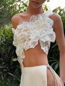 Women Asymmetrical 3D Flower Crop Cami Sparkly Glitter Sleeveless Bandage Tank Top Elegant Y2K Party Streetwear - 白色 - 查看 2