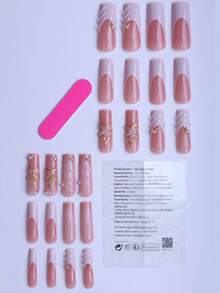 24片长方形亚克力美甲贴纸，白色粉末扎染3D立体凝胶金色仿珍珠美甲，适合女性和女孩，美甲沙龙可爱法式假指甲，包含1片果冻凝胶，1片指甲抛光条美甲用品 - 彩色 - 查看 4