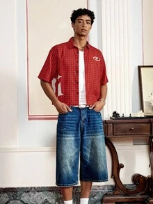 男士字母格纹宽松短袖梭织红色衬衫，街头风 - 彩色 - 查看 1