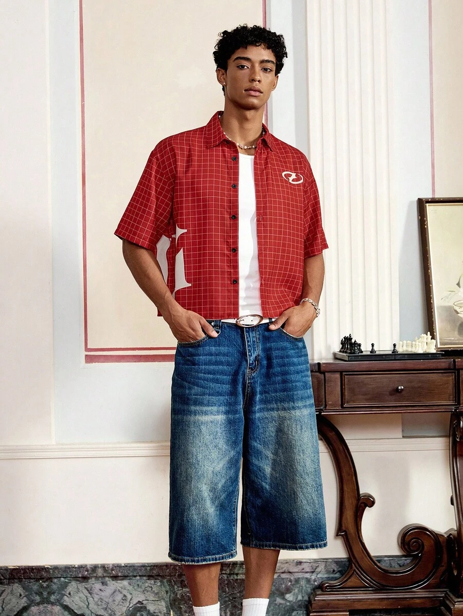 男士字母格纹宽松短袖梭织红色衬衫，街头风 - 彩色 - 查看 1