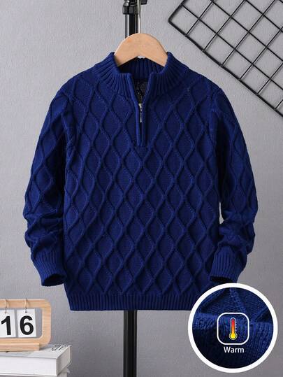 Boys' Collegiate Style Solid Color Half Zip Argyle Knit Pullover Sweater, Suitable For School In Spring, Autumn And Winter