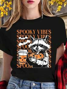 Halloween Funny Raccoon Spooky Vibes Coffee Pumpkin T-Shirt - Black - View 1