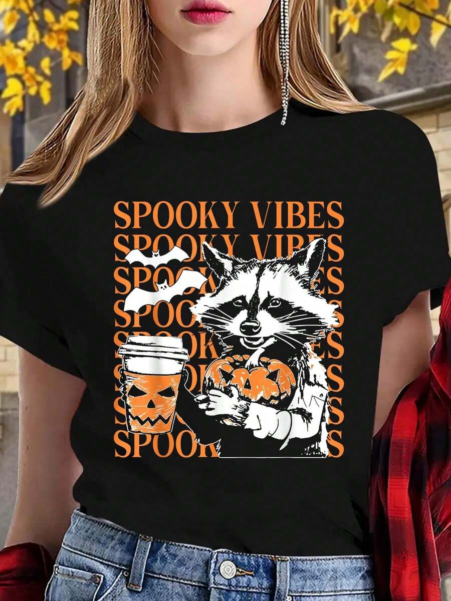 Halloween Funny Raccoon Spooky Vibes Coffee Pumpkin T-Shirt - Black - View 1