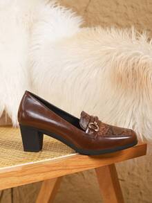 女士黑色粗跟礼服鞋，时尚英伦风方头工作鞋，优雅乐福鞋 - 咖啡色 - 查看 6