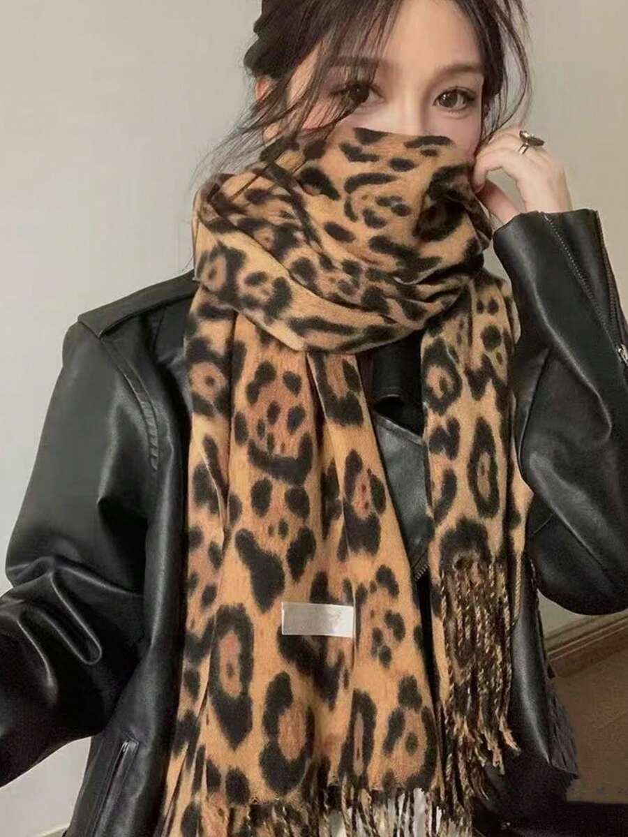 1pc Imitation Cashmere Thick Tassel Leopard Print Scarf, Fashionable Printed Warm Scarf, Windproof Autumn And Winter Shawl,Suitable For Daily Use In Autumn And Winter For Both Men And Women Women Winter Scarves