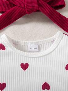 2pcs/Set Girls Casual Outfits - Heart Print Long Sleeve Top And Adjustable Strap Skirt With Headband, Spring/Autumn - Red - View 3