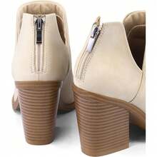 Women's Slip-On Ankle Boots – Cutout Pointed Toe Chunky Mid Heel Booties For Casual, Work & Daily Wear - A-trắng - Xem 4