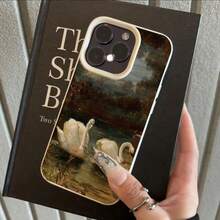 1pc Vintage Oil Painting Landscape With Elegant Swan Design TPU Phone Case Compatible With IPhone/ - White - View 3