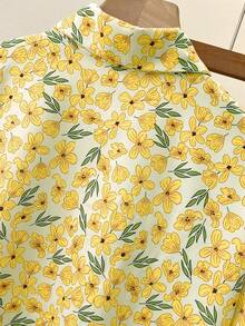 Áo sơ mi nữ tay dài in hoa cỡ lớn, hàng ngày, cài nút đơn, thích hợp cho mùa xuân và mùa thu - Màu vàng - Xem 5