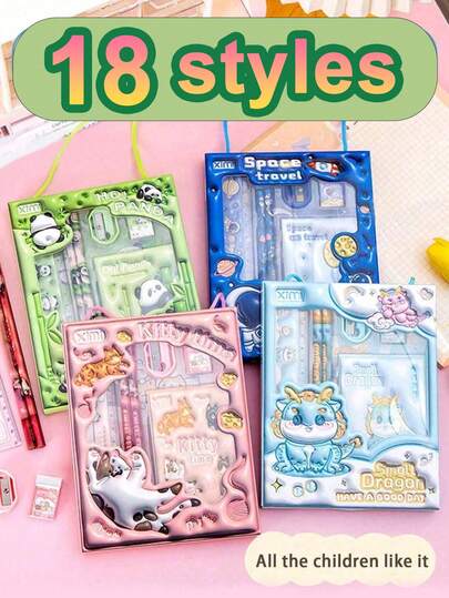 卡通文具套装，包括铅笔、橡皮和尺子，适用于学生学习、儿童节、男孩和女孩的毕业礼物、学校、绘画、马克笔、文具、返校