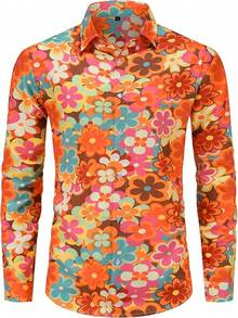 Mens 70s Shirt Long Sleeve Button Down Retro Disco Costume Hippie Outfit For Menhalloween - 嬉皮花卉-3 - 查看 1