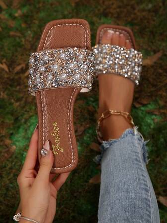 Plus Size Luxury French Style Women's Slide Sandals With Large Brown Rhinestone And Pearl Decoration, Shiny Solid Earth Tone Casual Slip-On Outdoor Sandals