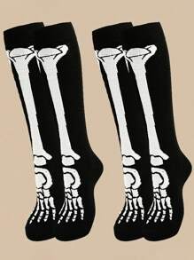 1双/2双装 男士万圣节骷髅爪卡通印花船袜，休闲趣味派对舒适长袜，保暖袜 - 黑與白 - 查看 3